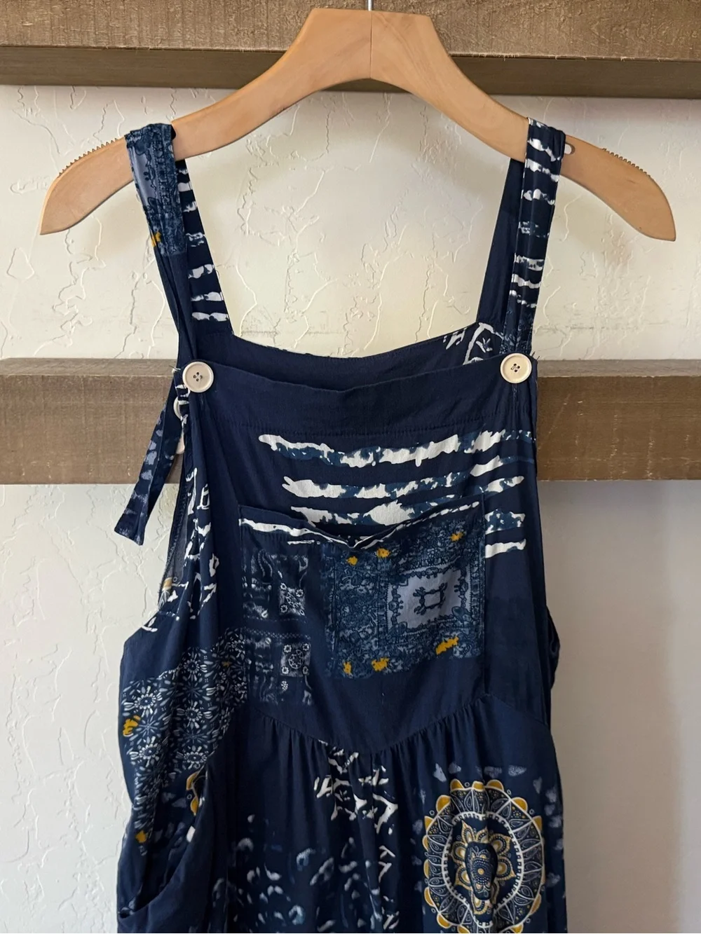 Small shop|Navy Boho Patchwork print Wide-Leg sleeveless Jumpsuit,overall style• - Picture 5 of 13